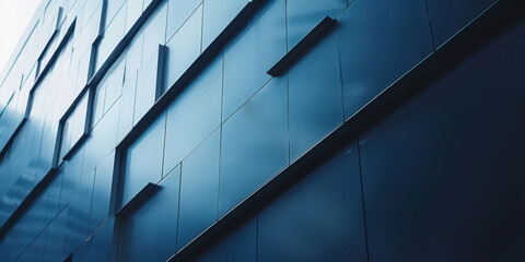 Poster - Closeup of modern architectural facade with abstract geometric patterns and reflective surfaces in an urban setting