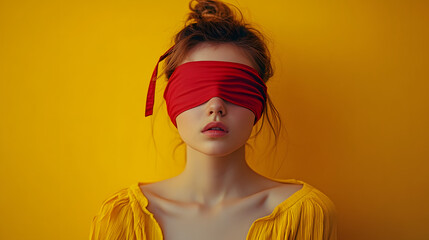 Canvas Print - Portrait of a young woman with a red blindfold on yellow background with copy space.