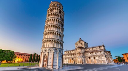 The Leaning Tower of Pisa stands majestically against a clear blue sky, showcasing its unique architectural charm and historical significance.