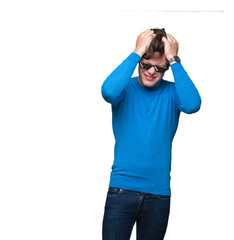 Poster - Young man wearing funny thug life glasses over isolated background suffering from headache desperate and stressed because pain and migraine. Hands on head.