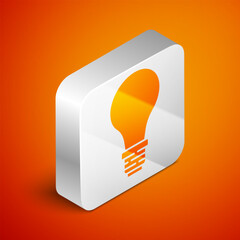 Canvas Print - Isometric Light bulb with concept of idea icon isolated on orange background. Energy and idea symbol. Inspiration concept. Silver square button. Vector