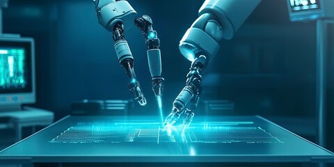 future robotic arms performing automated medical health care operation for future precision surgical robot and remote control hospital equipment as wide banner design. Generative ai