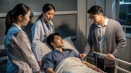  a female doctor and two male doctors treat a young man