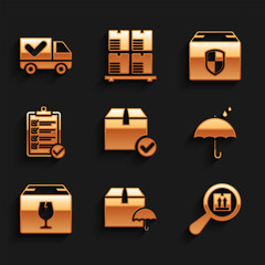 Poster - Set Package box with check mark, Delivery package umbrella, Search, Umbrella and rain drops, fragile content, Verification of delivery list, security shield and truck icon. Vector