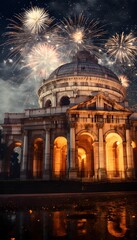 Wall Mural - Panoramic view of the dome of St. Peter's Basilica and fireworks in the background