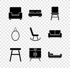 Poster - Set Armchair, Big bed, Chair, Chest of drawers, Bed, Mirror and icon. Vector