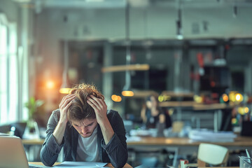 young entrepreneur stressed and worried about a project. hands on his head. stress day.