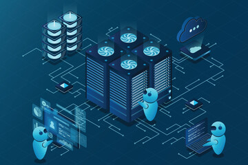 Wall Mural - data center and web hosting isometric concept. сloud computing storage. isometric server room rack. 