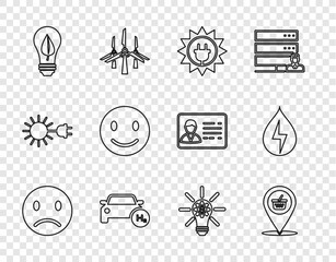 Canvas Print - Set line Sad smile, Location shopping basket, Solar energy panel, Hydrogen car, Light bulb with leaf, Smile face, gear and Water icon. Vector