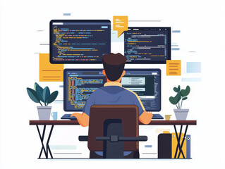 a man is sitting at a desk with three computer monitors in front of him