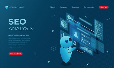 Wall Mural - isometric seo analysis landing page concept. search engine optimization analysis concept. digital te