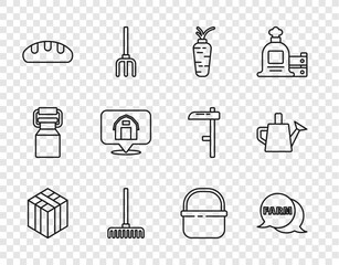 set line bale of hay, speech bubble with farm, carrot, garden rake, bread loaf, location farm house,