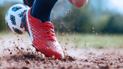 Poster - Football player in red soccer boot shoes, kicking ball on dusty field