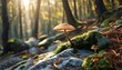 © 克 杜 - Mushrooms grow in the forest in autumn, surrounded by green moss and fallen leaves, with soft light