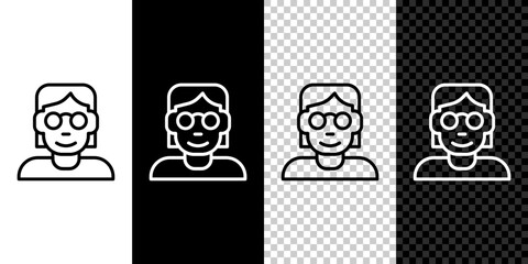 Set line Hacker or coder icon isolated on black and white, transparent background. Programmer developer working on code, coding, testing, debugging, analysing. Vector