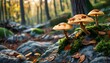 © 克 杜 - Mushrooms grow in the forest in autumn, surrounded by green moss and fallen leaves, with soft light