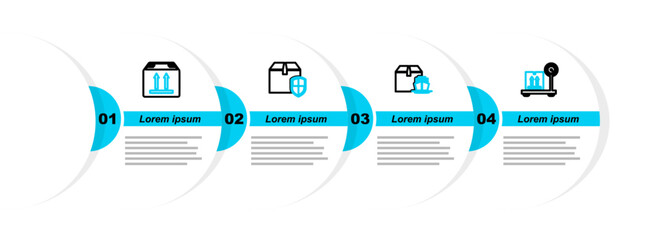 Sticker - Set line Scale with cardboard box, Cargo ship boxes, Delivery security shield and Cardboard traffic icon. Vector