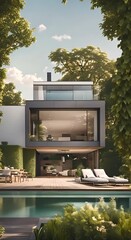 Wall Mural - Modern house with garden 4k animation