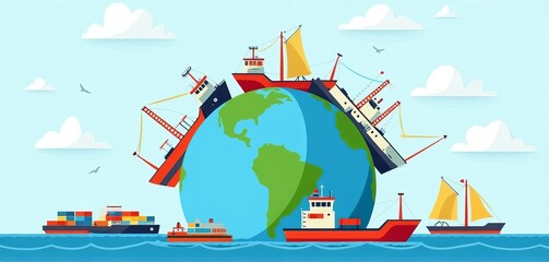 World Maritime Day: Global Shipping Industry and Ocean Transportation Illustration