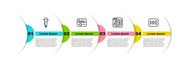 Sticker - Set line Microphone, Music equalizer, player and Fast forward. Business infographic template. Vector