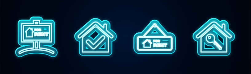 Sticker - Set line Hanging sign with For Rent, House check mark, and key. Glowing neon icon. Vector