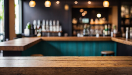 Empty the top of wooden table with blurred counter bar background. For montage product display