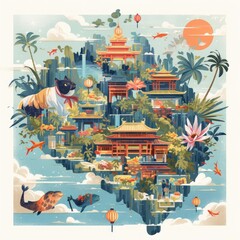 Floating Pagoda Illustration with Fish and Lanterns Generated with Ai