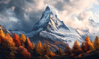 Wall Mural - Majestic Snowy Mountain Peak with Autumnal Forest in the Foreground