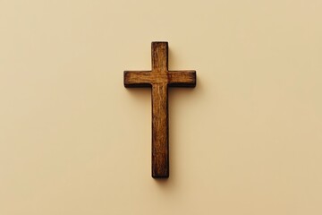 A minimalistic image of a wooden Christian cross on a beige background , ai