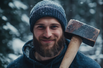 Wall Mural - Brutal smiling brunette bearded man in hoodie with a hatchet in the woods on winter background of trees, male portrait with an axe