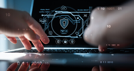 Wall Mural - cyber security, data protection, cloud security network connection system. business man using laptop
