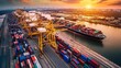 © El Media - Global business logistics import export of containers cargo freight ship loading at port by crane, container transport, cargo plane, truck to port background. Generative ai