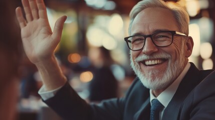 Poster - A man with a beard and glasses waving his hand, AI