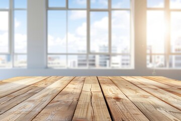 Wall Mural - Empty Table in Light Office with Wooden Desk and Panoramic Windows