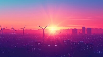 Poster - Wind Turbines Over City Skyline at Sunset