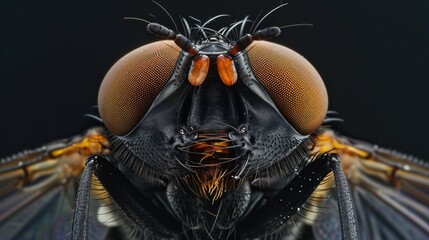 detailed shot of fly face with compound eyes and mouthparts