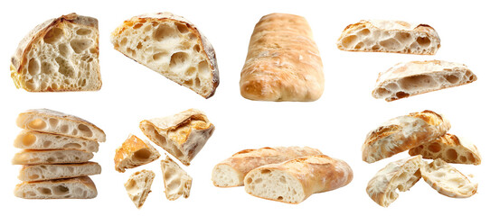 Wall Mural - Ciabatta Italian white bread bun loaf slice on transparent cutout, PNG file. Many assorted different angles, stack, pile, slice, torn. Mockup template for artwork design