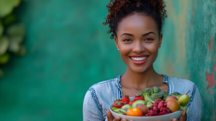 A happy woman holds a bowl of fresh produce, including fruits and vegetables, with a vibrant green wall in the background.