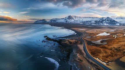 Sticker - Aerial view of a snow-capped mountain range along a rugged coastline with a road winding through a valley.