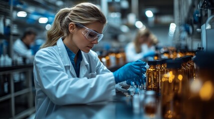 Wall Mural - a focused scientist carefully measures liquids in amber vials, immersed in research in a state-of-th