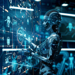 Wall Mural - robot is touching digital network connection. artificial intelligence development. android robot in 
