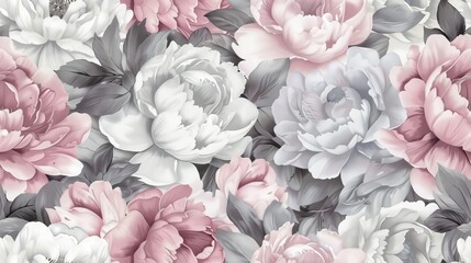 Wall Mural - Illustration of pink and white peonies