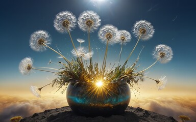 Sticker - Background with dandelion flowers in a vase