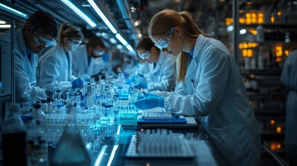 Wall Mural - researchers collaborate intensely under bright blue lighting, analyzing samples and conducting exper