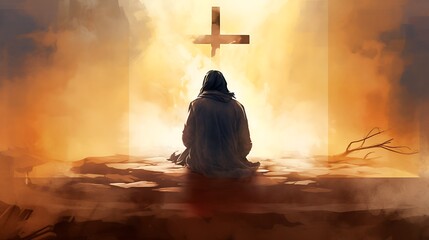 Wall Mural - Man praying in front of Christian cross, Jesus silhouette in background. Digital watercolor