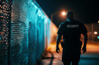 © ontsunan - Nighttime security guard walking down a lit path, showcasing vigilance and safety in urban settings.