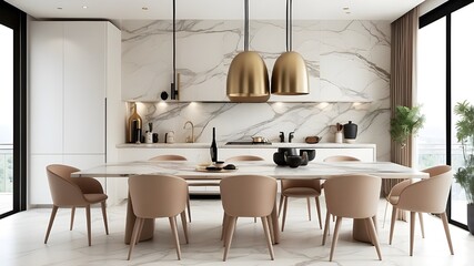 Wall Mural - Modern marble pattern and an opulent dining table define the minimalist kitchen interior design.