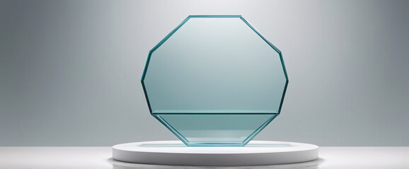 Octagonal Glass Stage: A pristine, empty octagonal glass platform bathed in soft light, ideal for showcasing your product or concept. 