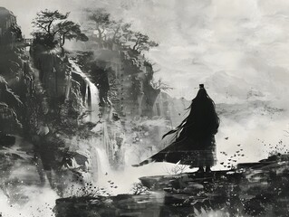 Canvas Print - Silhouette of a Man Standing on a Mountain Cliff with a Waterfall in the Background.