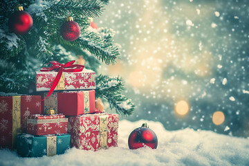 Wall Mural - christmas card,holiday gift boxes vintage style,zero waste eco friendly gift wrapping in kraft paper